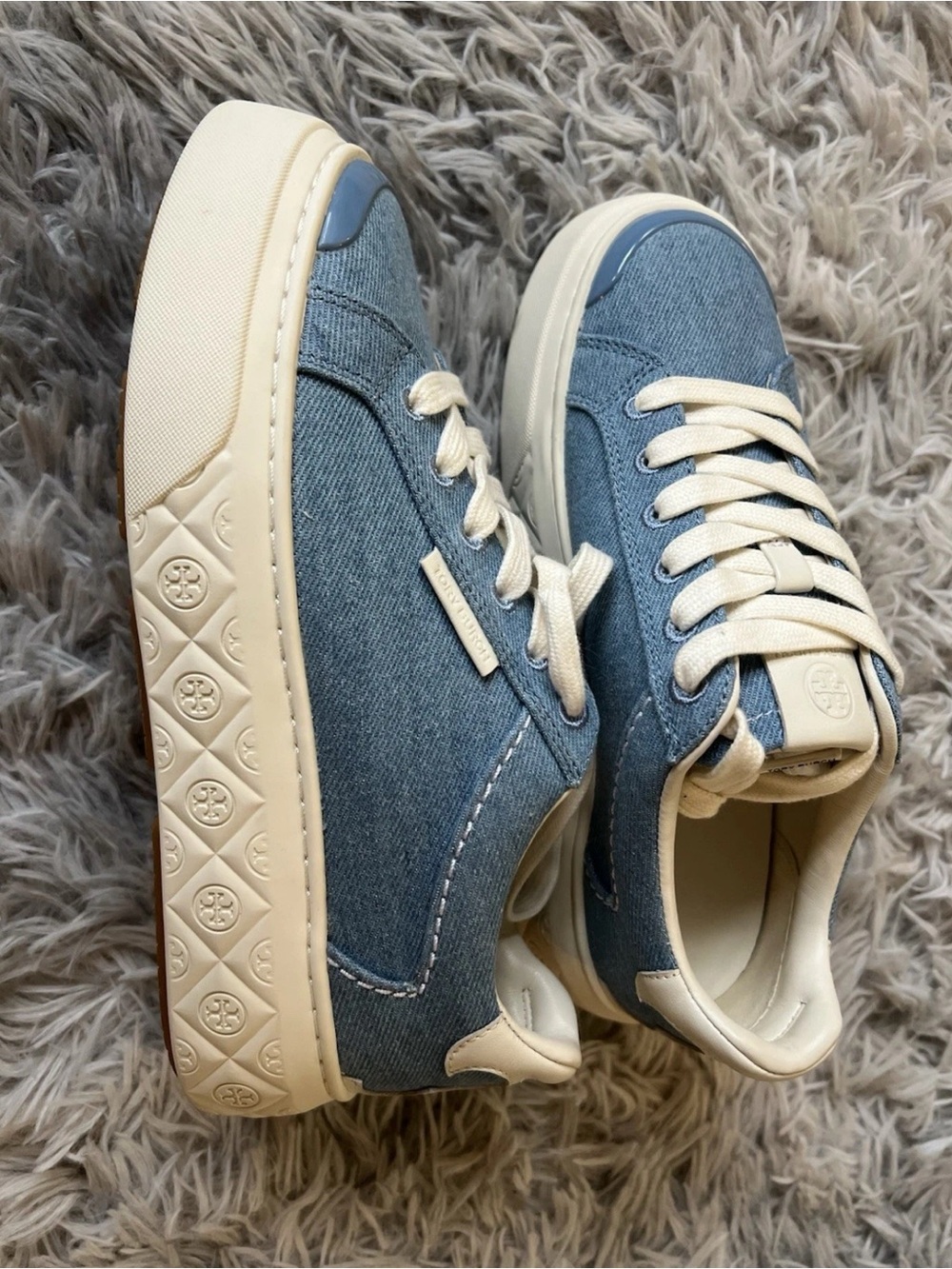 Tory Burch Denim Ladybug Platform Sneakers in Light Blue and Cream Size: 5.5